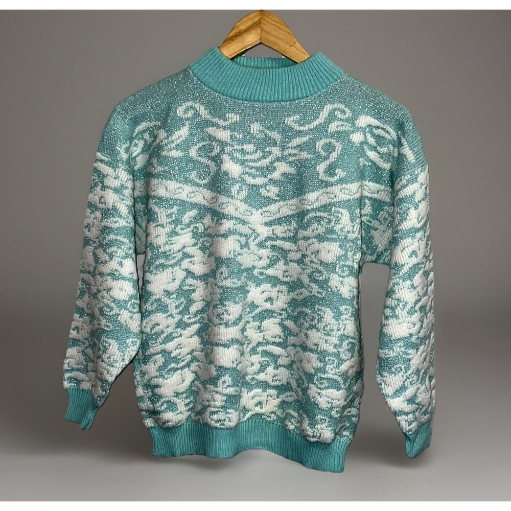 VTG Adele Knitwear Mint Green Metallic Sparkly Knit Sweater S/M 80s 90s Pullover